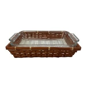 Anchor Hocking Glass Baking Dish Pan 2 Quart Woven Wood Basket Casserole‎